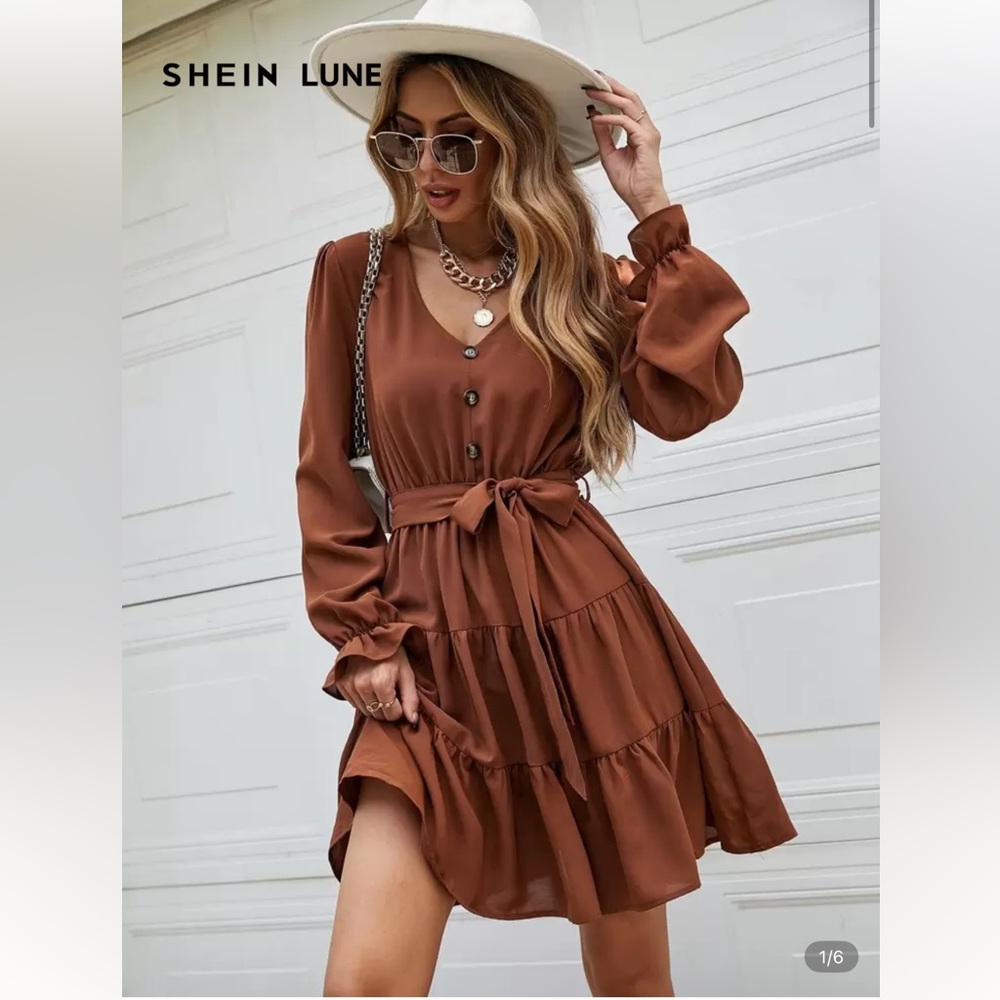SHEIN Brown Long Sleeve Dress with Ruffle Hem